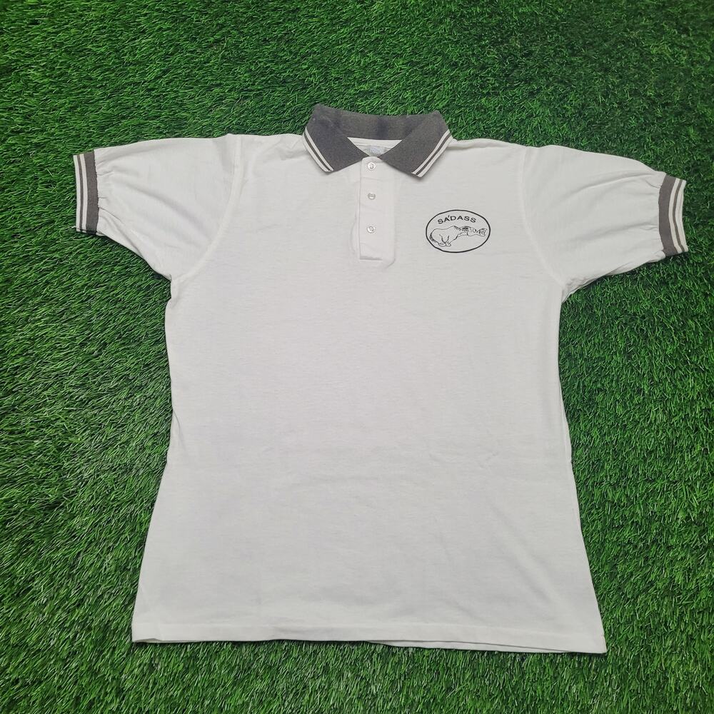 VTG 90s S'ADASS Donkey Pun Polo Shirt Mens Large White Grey Ringer Cuff